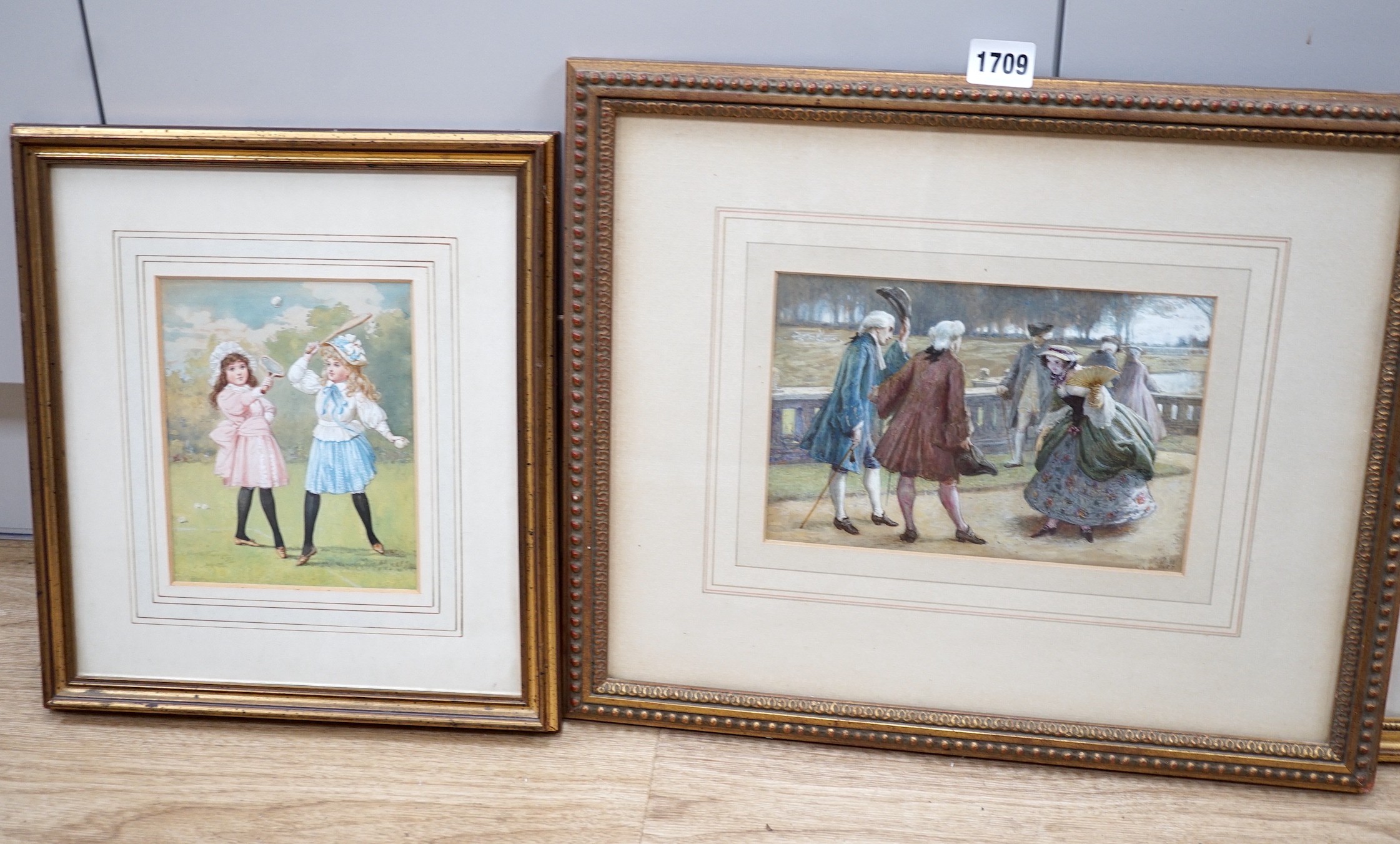 John Dawson Watson (1832-1892), two watercolours, Girls playing tennis, 17 x 14cm and Georgians on a terrace, initialled and dated 1887, 14 x 21.5cm